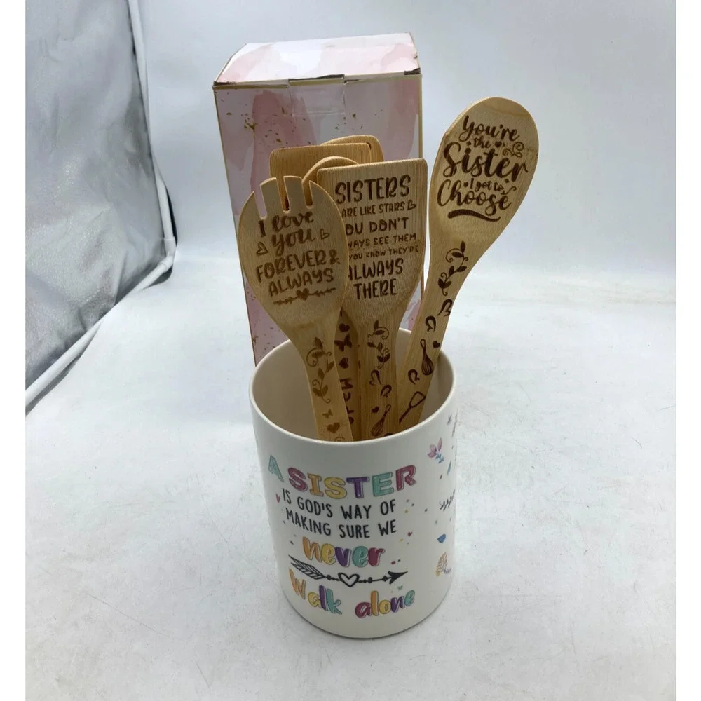 Sister Bamboo Kitchen Utensil Set with Ceramic Holder 6 Piece Gift Set New